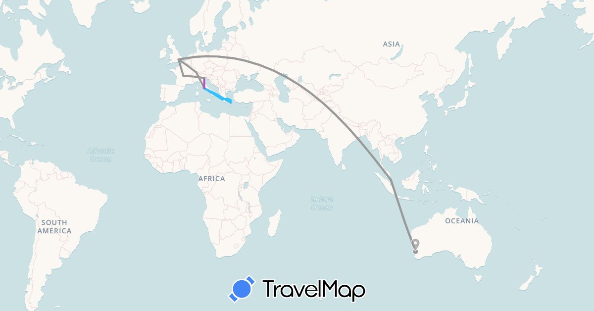 TravelMap itinerary: driving, plane, train, boat in Australia, Switzerland, France, United Kingdom, Greece, Italy, Singapore (Asia, Europe, Oceania)